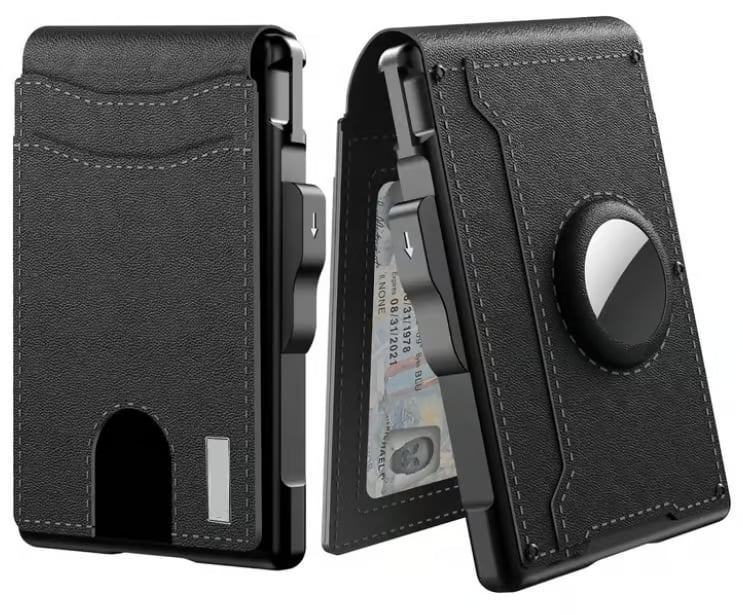 🔥✨Wallet for Men - With Pop Up Aluminum Case Money Clip Slim Leather Slots Credit Card Holder RFID Blocking Bifold Minimalist Wallet