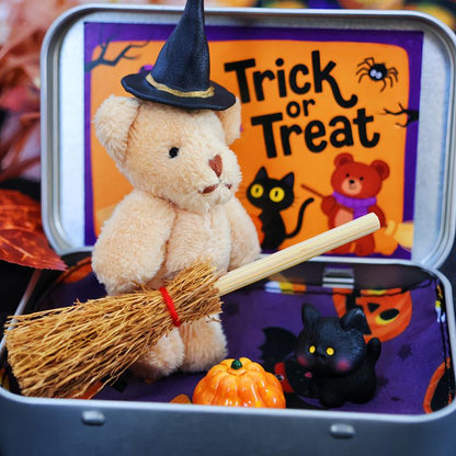 🎃🧸Cute Halloween Teddy Bear in a Box with wizard hat, Blanket, Broom, Pumpkin & Cat🌟👻